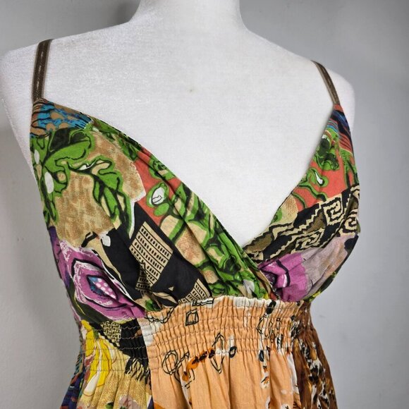 Vintage No Boundaries 90s Y2K Brown Green Floral Patchwork Strappy Sun Dress - Picture 3 of 7